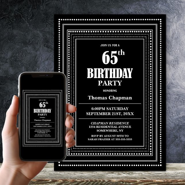 Modern Black and White Border 65th Birthday Party Invitation (Creator Uploaded)