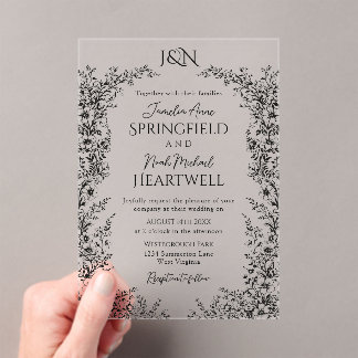 Modern Black and White Botanical Wedding Acrylic Invitations