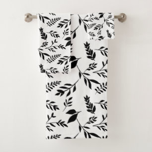 Modern Black and White Botanicals Leaves   Bath Towel Set