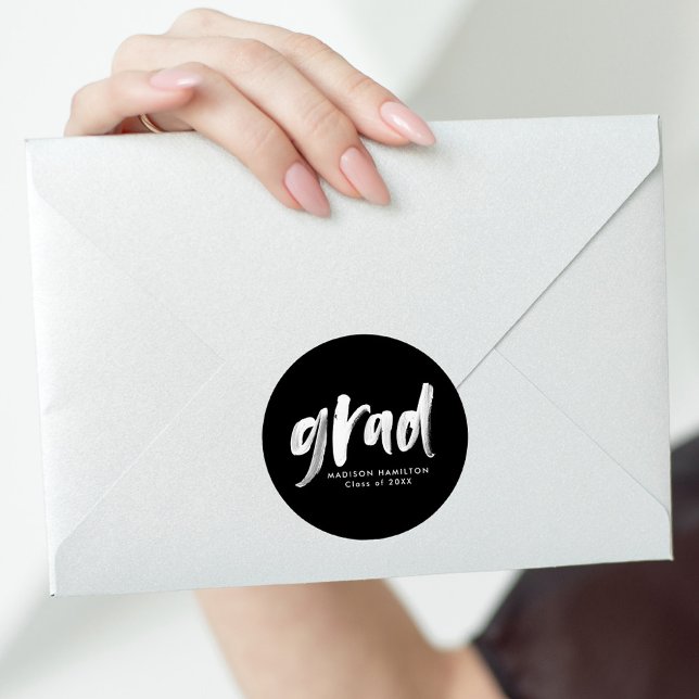 Modern Black and White Brush Script Graduation Classic Round Sticker (Creator Uploaded)