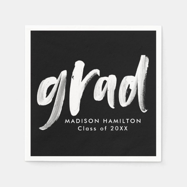 Modern Black and White Brush Script Graduation Napkin (Front)