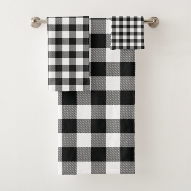 Modern Black and White Buffalo Checks Pattern Bath Towel Set (Insitu)