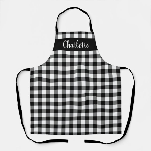 Modern Black and White Buffalo Plaid Personalized Apron (Front)