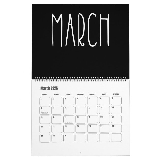 Modern Black and White Calendar (Mar 2026)