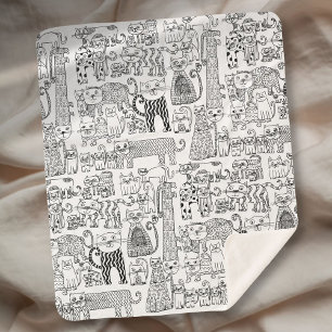 Modern Black and White Cats And Kittens Patterned Sherpa Blanket