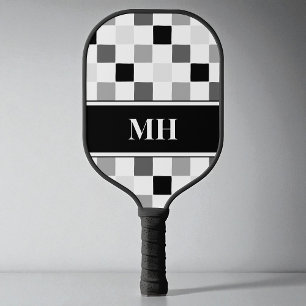 Modern Black and White Checkered Initials Monogram Pickleball Paddle