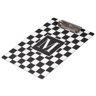 Modern Black and White Chequered Pattern Monogram Clipboard