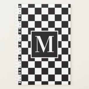 Modern Black and White Chequered Pattern Monogram Planner