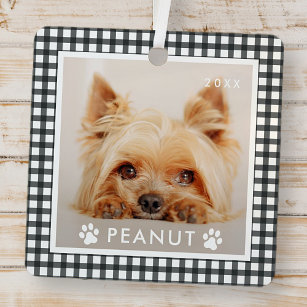 Modern Black and White Chequered Pattern Pet Photo Metal Ornament