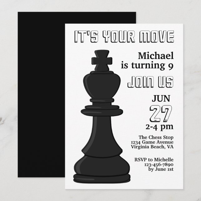 Modern Black and White Chess Piece King Birthday Invitation (Front/Back)