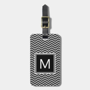 Modern Black and White Chevrons With Monogram Luggage Tag