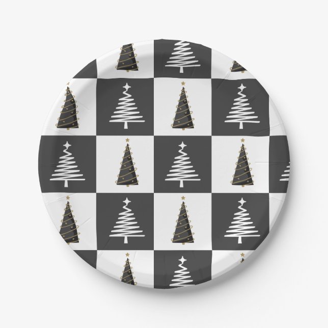 Modern Black and White Christmas Paper Plate (Front)