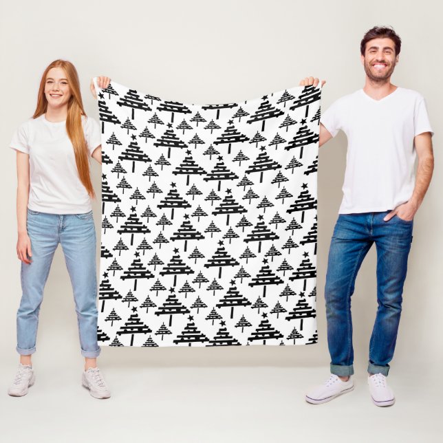 Modern Black and White Christmas Tree Pattern Fleece Blanket (In Situ)