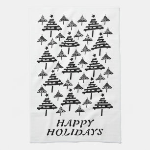 Modern Black and White Christmas Tree Pattern Kitchen Towel
