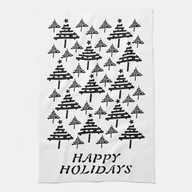 Modern Black and White Christmas Tree Pattern Kitchen Towel (Vertical)