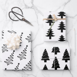 Modern Black and White Christmas Trees Gift Wrapping Paper Sheet