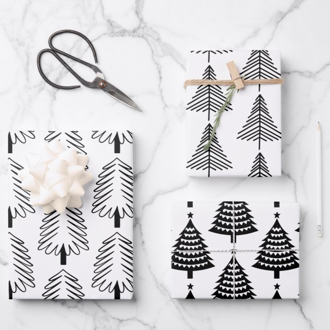 Modern Black and White Christmas Trees Pattern  Wrapping Paper Sheet (Front)