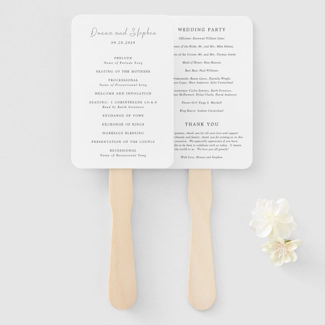 Modern Black and White Clean Wedding Program Hand Fan (Front and Back)