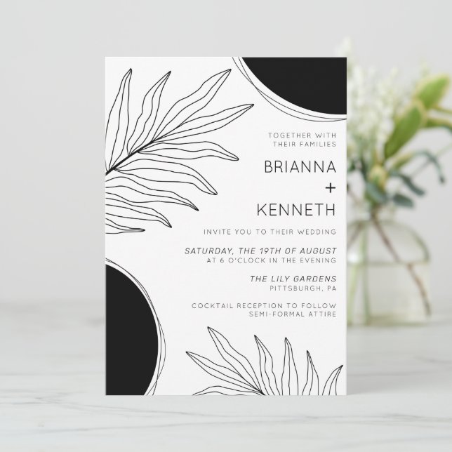 Modern Black and White Contemporary Botanical Boho Invitation (Standing Front)