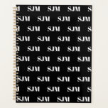 Modern black and white custom monogram pattern planner<br><div class="desc">Modern black and white custom monogram initials (up to three letters) pattern elegant chic planner.
Custom white modern serif typography initials pattern on black background. All colours are editable.</div>