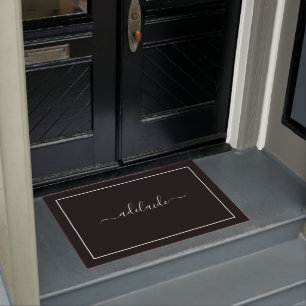 Modern Black and White Custom Monogram Script Name Doormat