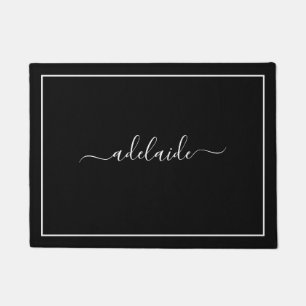 Modern Black and White Custom Monogram Script Name Doormat