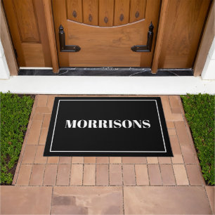 Modern black and white custom name border doormat
