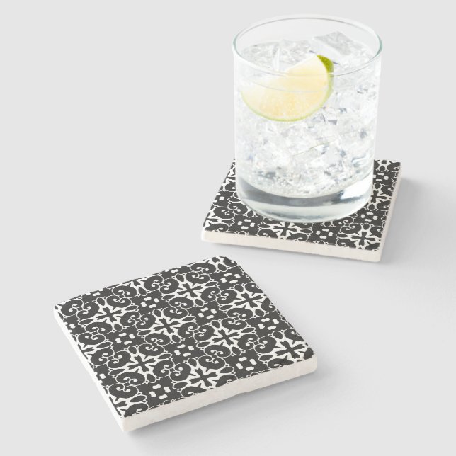 Modern Black and White damask Graphic Floral Stone Coaster (Side)