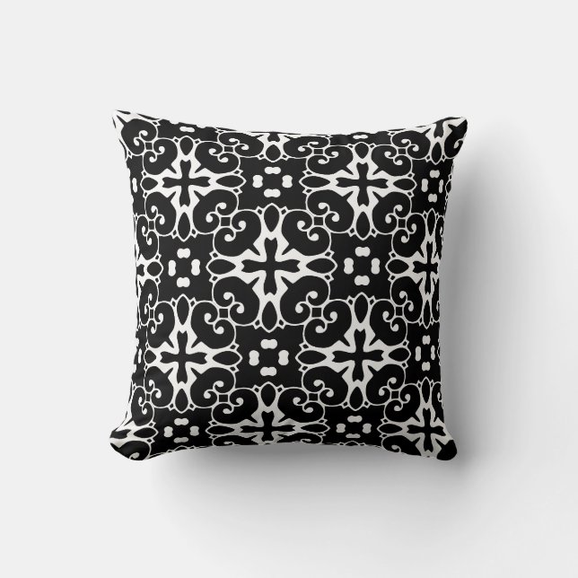 Modern Black and White damask Graphic Floral Throw Pillow (Front)