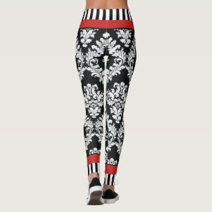 Modern black and white damask pattern red leggings