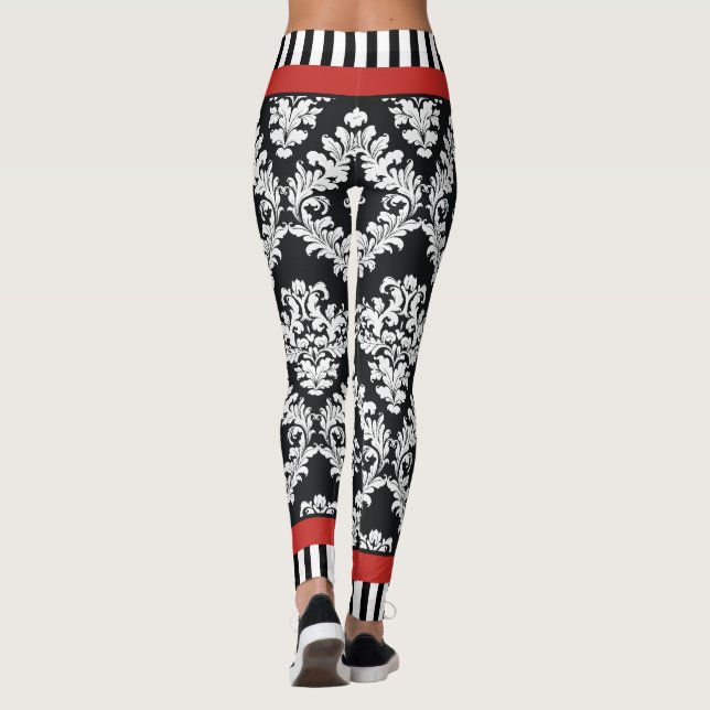 Modern black and white damask pattern red leggings (Back)