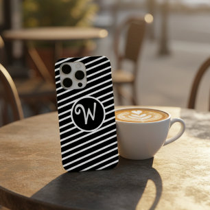 Modern Black and White Diagonal Stripes Monogram iPhone 15 Pro Max Case