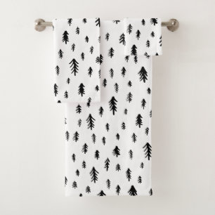 Modern Black and White Doddle Christmas Pine Trees Bath Towel Set