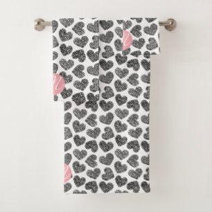 Modern Black and White Doodle Hearts Monogrammed Bath Towel Set