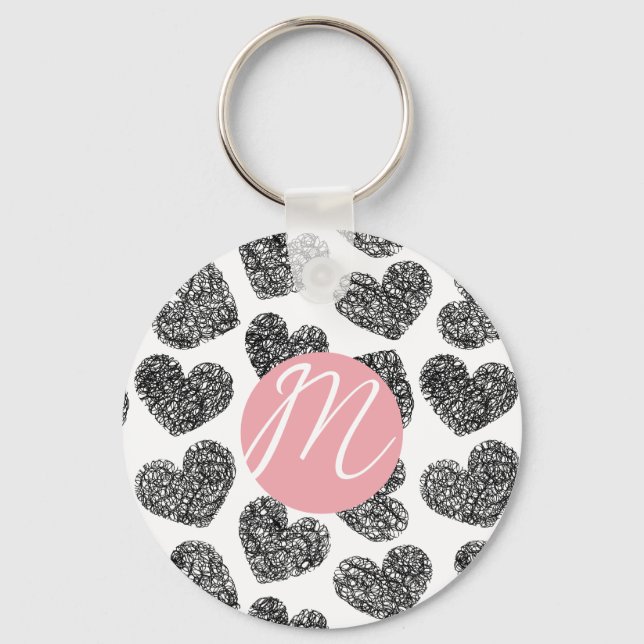 Modern Black and White Doodle Hearts Monogrammed Keychain (Front)