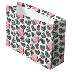 Modern Black and White Doodle Hearts Monogrammed Large Gift Bag