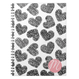 Modern Black and White Doodle Hearts Monogrammed Notebook