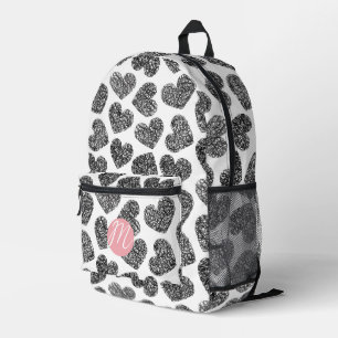 Modern Black and White Doodle Hearts Monogrammed Printed Backpack