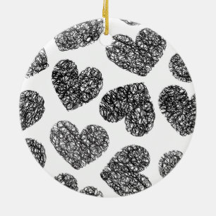 Modern Black and White Doodle Hearts Pattern Ceramic Ornament
