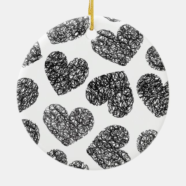 Modern Black and White Doodle Hearts Pattern Ceramic Ornament (Back)
