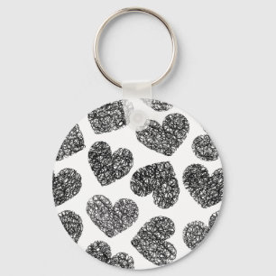Modern Black and White Doodle Hearts Pattern Keychain