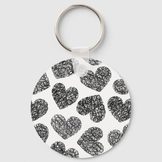 Modern Black and White Doodle Hearts Pattern Keychain (Front)
