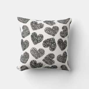 Modern Black and White Doodle Hearts Pattern Throw Pillow