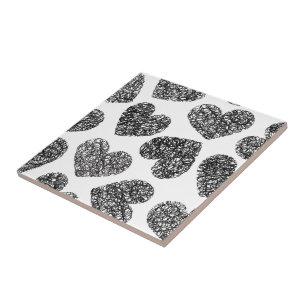 Modern Black and White Doodle Hearts Pattern Tile