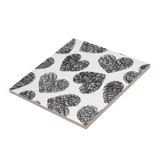 Modern Black and White Doodle Hearts Pattern Tile (Side)