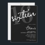 Modern Black and White Elegant 16th Birthday Invitation<br><div class="desc">A simple modern 16th birthday invitation featuring elegant calligraphy script typography and minimalist design in black and white colour.</div>