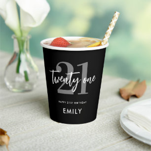 Modern Black and White Elegant 21st Birthday Paper Cups