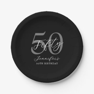 Modern Black and White Elegant 50th Birthday Paper Plate
