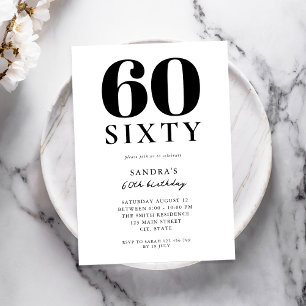 Modern Black and White Elegant 60th Birthday Invitation