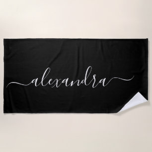Modern black and white elegant script name  beach towel